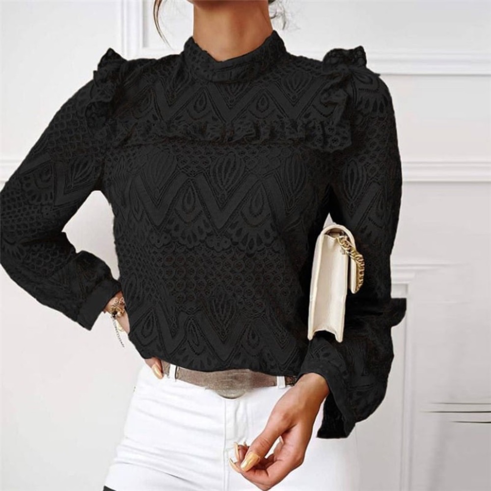 Black Lace Patchwork Ruffle Blouse - image 1